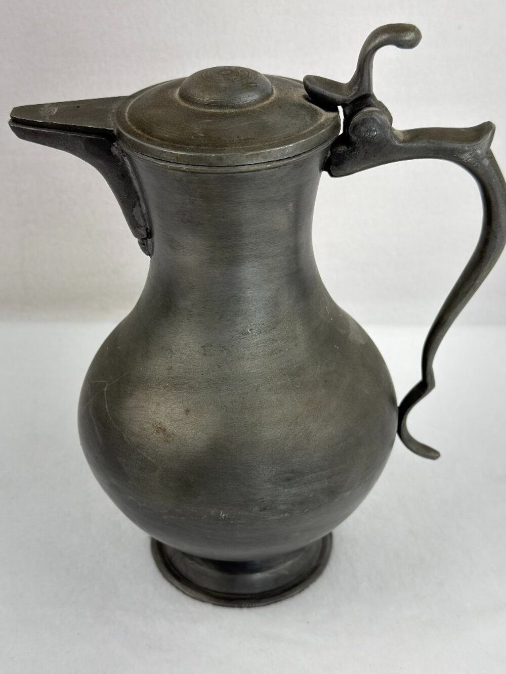 Antique European Pewter Lidded Flagon, Baluster Measure Jug w/‎ Spout Touchmark